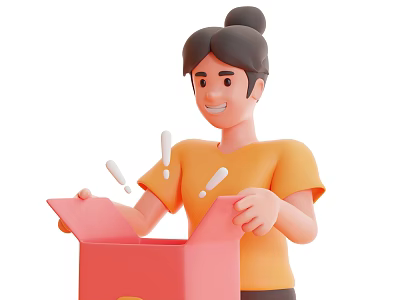 Happy Woman In Orange Shirt Opening Red Box With Surprised Expression 3d model