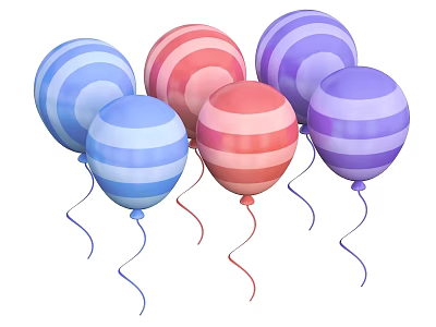 Vibrant Colorful Striped Balloons in Blue Pink Purple with Curly Ribbons 3d model