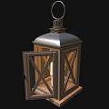 Vintage Candle Lantern Featuring Wooden Frame Glass Panels Metallic Top and Lit Candle