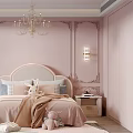 Cozy Children's Room Interior With Pink Walls Headboard Stuffed Toys Soft Rug And Chandelier
