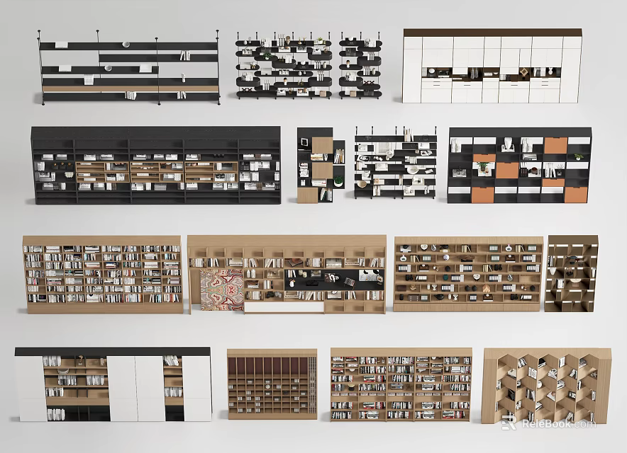 Modern Bookcase Designs With Multiple Styles Open Shelves And Wooden Frames 3d model