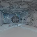 Futuristic Exhibition Hall With Hexagonal Ceiling Blue Lighting And Central Spherical Installation 3d model