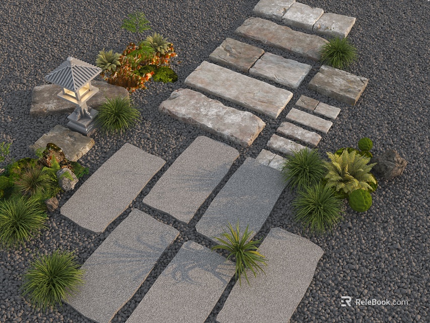 Garden Stepping Stones Path With Natural Stone Slabs Green Plants And Stone Lantern 3d model 