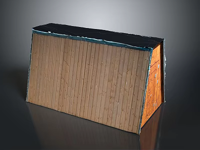 Wooden Rectangular Storage Equipment With Sloped Black Roof And Side Wooden Door 3d model