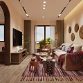 Hotel Guest Room With Warm Lighting Bamboo Door White Canopy Striped Blanket And Colorful Pillows