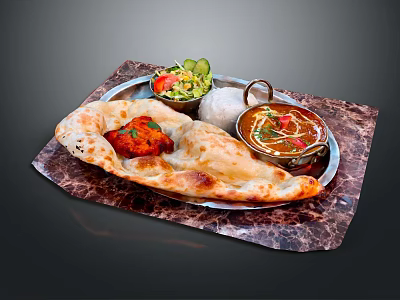 Authentic Indian Meal with Naan Bread Curry Rice and Fresh Salad on Marble Tray 3d model