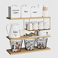 Tableware Set With Coffee Tea Sugar Jars Mugs Teapot And Wire Baskets On Shelves 3d model