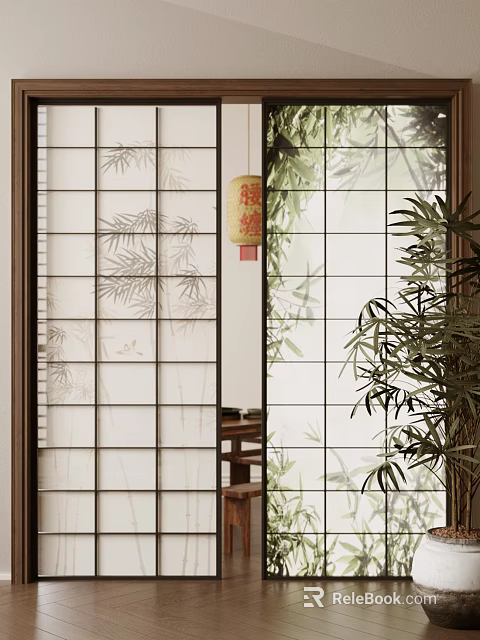 Japanese Interior Sliding Door With Bamboo Pattern Wooden Frame And Frosted Glass Design 3d model 