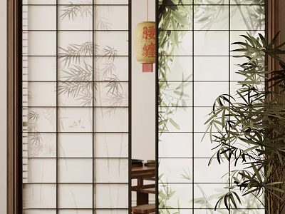 Japanese Interior Sliding Door With Bamboo Pattern Wooden Frame And Frosted Glass Design 3d model