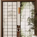 Japanese Interior Sliding Door With Bamboo Pattern Wooden Frame And Frosted Glass Design