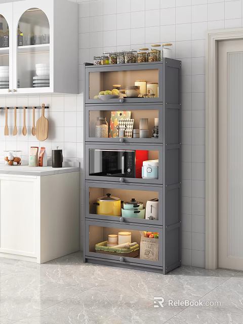 Modern Kitchen Storage Cabinets With Shelves Pots Microwave And Kitchen Items 3d model 