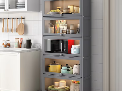 Modern Kitchen Storage Cabinets With Shelves Pots Microwave And Kitchen Items 3d model