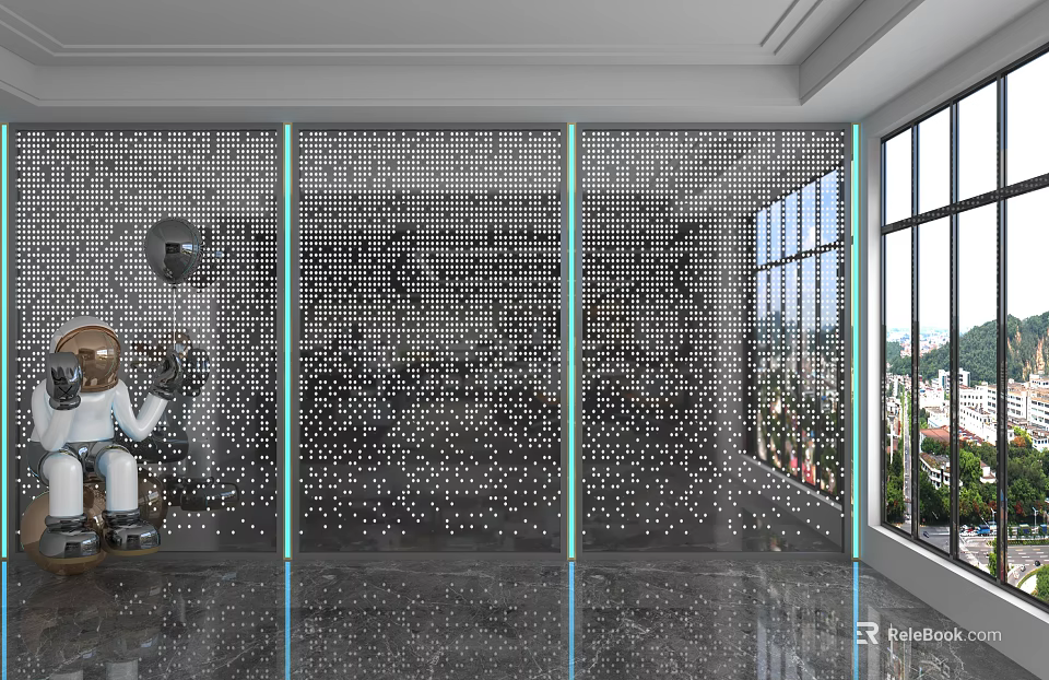 Modern Perforated Panel Backdrop Wall With Blue Strip Lighting Robot Sculpture And Large Windows 3d model 