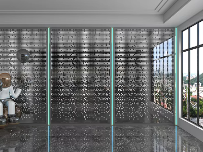 Modern Perforated Panel Backdrop Wall With Blue Strip Lighting Robot Sculpture And Large Windows 3d model