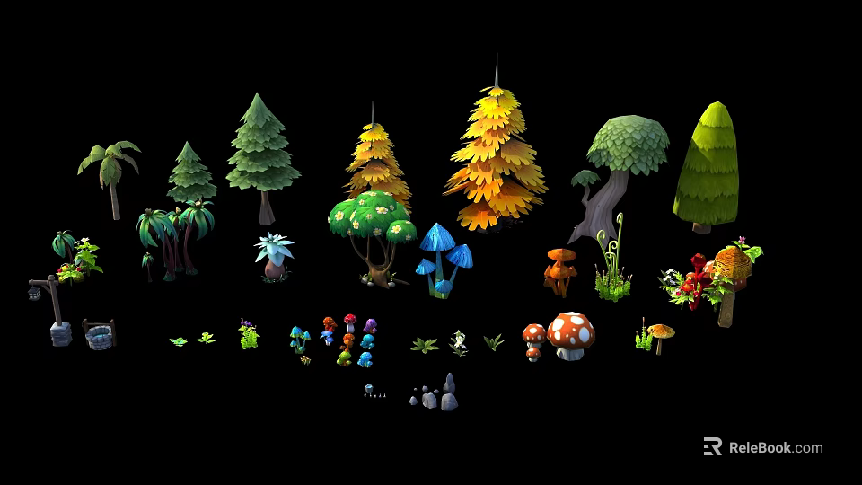Cartoon Style Various Plants Collection With Trees Mushrooms Grasses And Colorful Flowers 3d model 