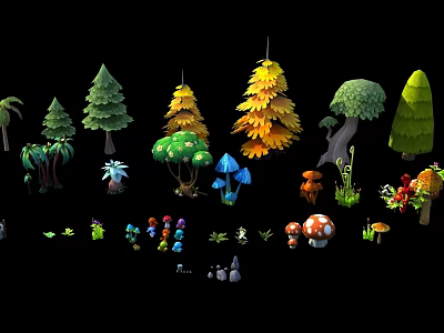 Cartoon Style Various Plants Collection With Trees Mushrooms Grasses And Colorful Flowers 3d model