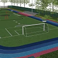 Green Artificial Turf Football Field With White Goalposts Blue Red Running Track