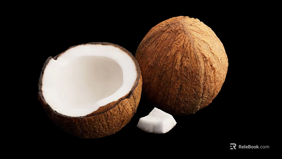 Natural Coconut Decorative Ornament Set With Whole Halved Coconut And Flesh On Black Background 3d model 