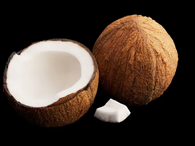 Natural Coconut Decorative Ornament Set With Whole Halved Coconut And Flesh On Black Background 3d model