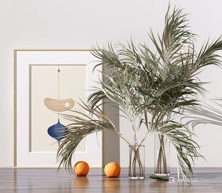 Transparent Glass Vases With Green Palm Leaves And Two Oranges In Modern Minimalist Interior Decor 3d model 