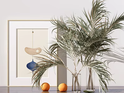 Transparent Glass Vases With Green Palm Leaves And Two Oranges In Modern Minimalist Interior Decor 3d model