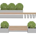 Modern Outdoor Bench with Wooden Slats and Potted Green Shrubs in Metal Planters