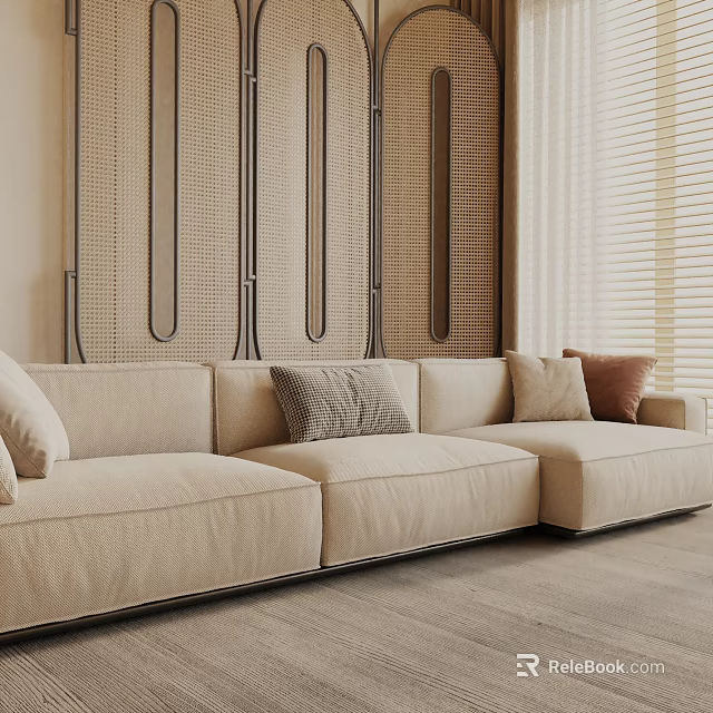 Elegant Beige Three Seater Sofa With Accent Cushions And Textured Wall Decor 3d model 