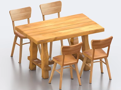 Natural Wooden Dining Table Set With Four Simple Chairs And Solid Legs 3d model