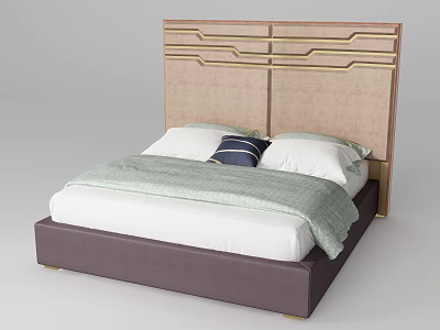 Modern Double Bed With Beige Gold Accented Headboard Purple Frame And Light Green Blanket 3d model