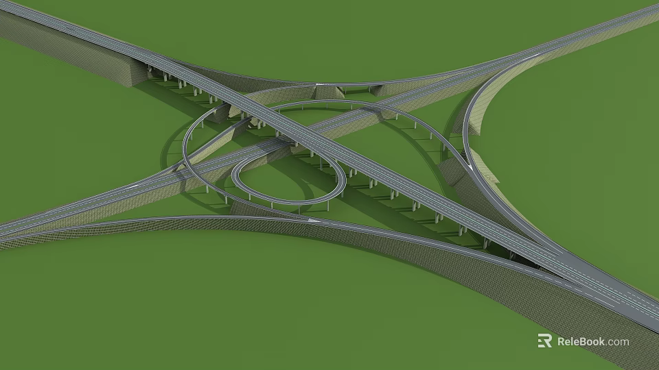 Complex Multi Lane Interchange Bridge With Loop Design And Intersecting Overpasses 3d model
