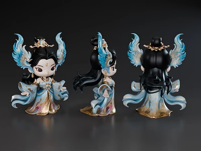 Three Chibi Style Game Movie Character Figurines with Blue Gold Feathered Wings and Ornate Costumes 3d model