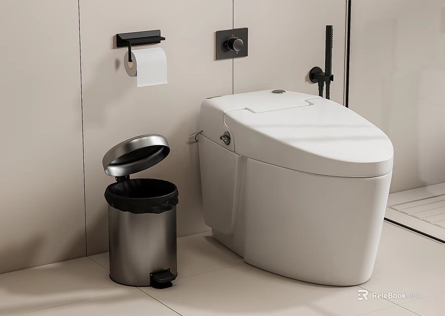 Modern White Toilet With Steel Trash Can Wall Mounted Toilet Paper Holder In Tiled Bathroom 3d model 