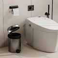 Modern White Toilet With Steel Trash Can Wall Mounted Toilet Paper Holder In Tiled Bathroom