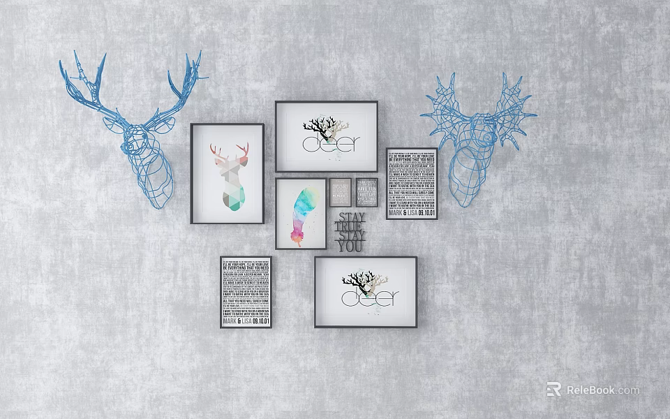 Creative Wall Decor with Blue Deer Head Silhouettes and Framed Artworks 3d model 