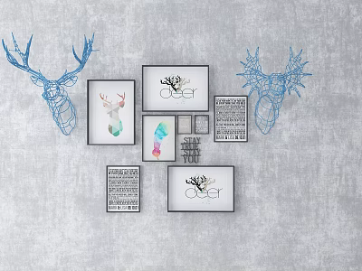 Creative Wall Decor with Blue Deer Head Silhouettes and Framed Artworks 3d model
