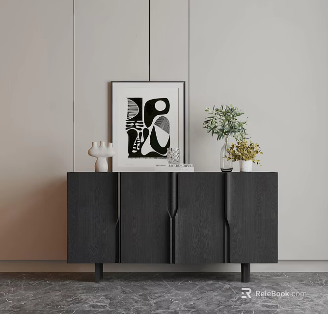 Modern Black Wooden Entryway Cabinet Sideboard With Vases Artwork And Green Plant 3d model 