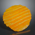 Golden Yellow Ridged Potato Chip With Visible Salt Crystals On Surface Against Dark Background