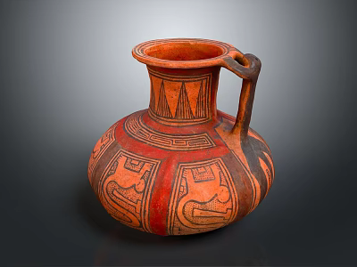 Ancient Red And Black Ceramic Jar With Geometric Patterns And Handle 3d model