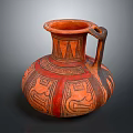Ancient Red And Black Ceramic Jar With Geometric Patterns And Handle