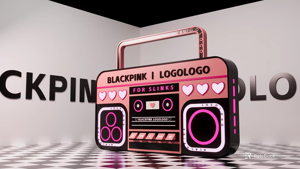 Blackpink LogoLogo Portable Radio For Slimms With Pink Black Heart Patterns On Checkerboard Floor 3d model 