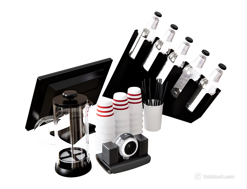 Red And White Striped Cups With Black Holder Coffee Maker And Stirrers On Countertop 3d model 