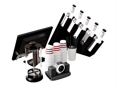 Red And White Striped Cups With Black Holder Coffee Maker And Stirrers On Countertop 3d model