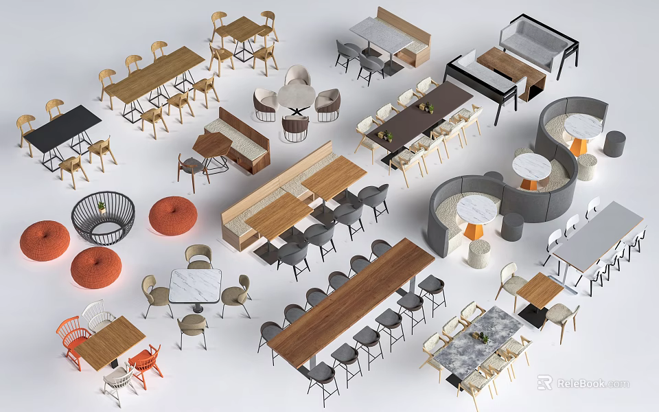 Versatile Dining Table Sets With Various Designs Shapes And Matching Chairs 3d model 