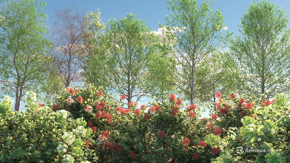 Lush Flowering Shrubs with Red Blooms Surrounded by Trees Under Blue Sky and White Clouds 3d model 
