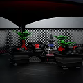 Modern Lounge Scene With Black Floor Sofas Red Cushions Green Plants Checkered Walls And Arched Ceiling
