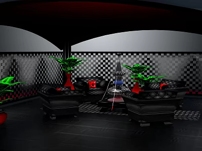 Modern Lounge Scene With Black Floor Sofas Red Cushions Green Plants Checkered Walls And Arched Ceiling 3d model