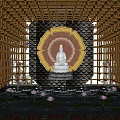 Buddhist Spiritual Space with Wooden Lattice Circular Lotus Decor Buddha Statue Water Pool and Lotus