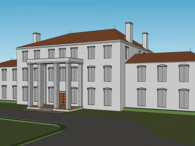 Classical Large White Building With Red Roof Multiple Windows Chimneys Front Lawn And Driveway 3d model