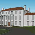 Classical Large White Building With Red Roof Multiple Windows Chimneys Front Lawn And Driveway