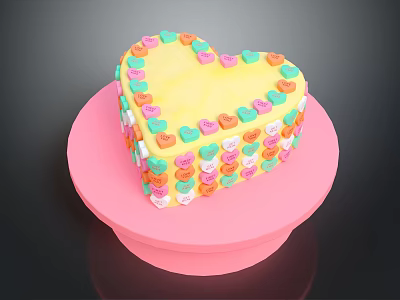 Heart Shaped Cake With Yellow Body And Colorful Heart Decorations On Pink Base 3d model